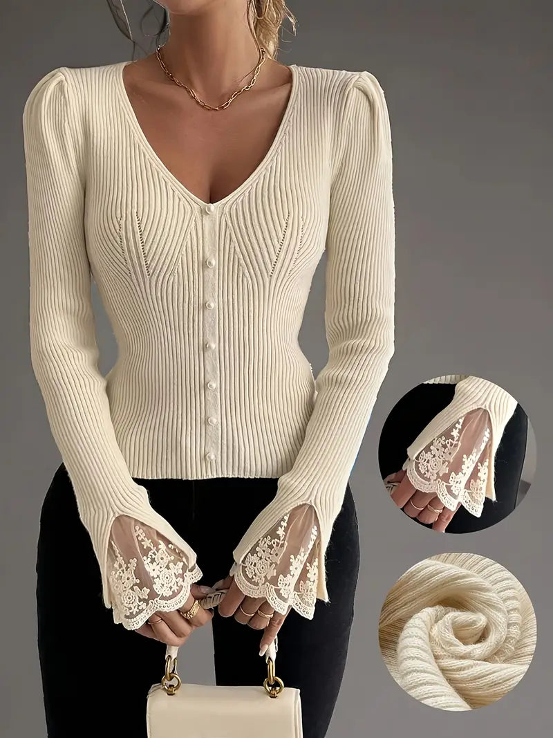 Women's V-Neck Sweater – Lace Flared Sleeve Pearl Button Knit Top