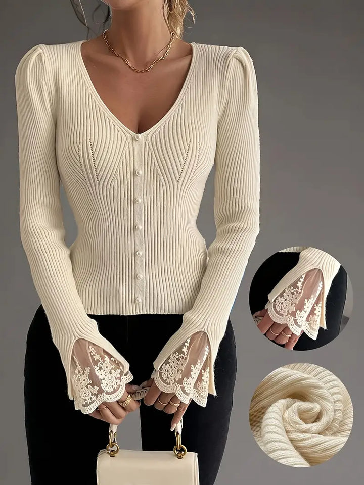 Women's V-Neck Sweater – Lace Flared Sleeve Pearl Button Knit Top