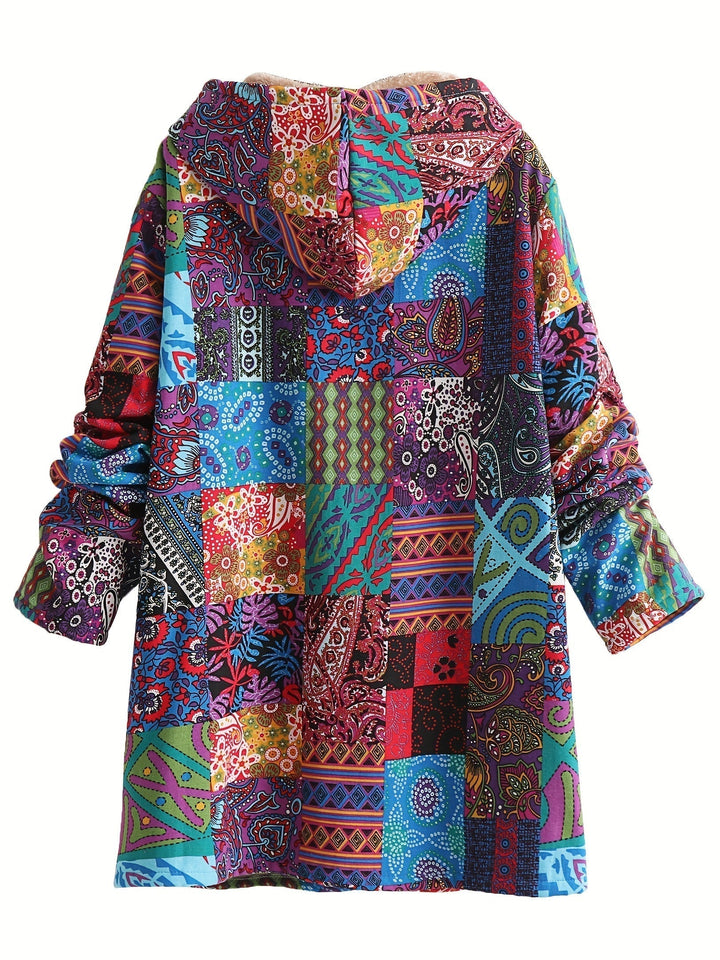 Women's Patchwork Jacket – Hooded Warm Lined Boho Winter Coat