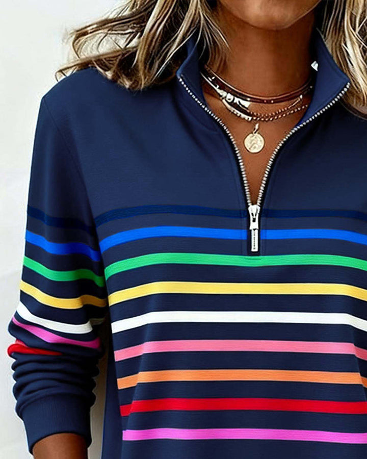 Women's Half Zip Sweatshirt – Rainbow Stripe Stand Collar Pullover