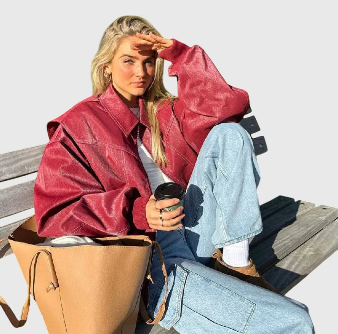 Women's Faux Leather Jacket – Oversized Red Biker Style Jacket