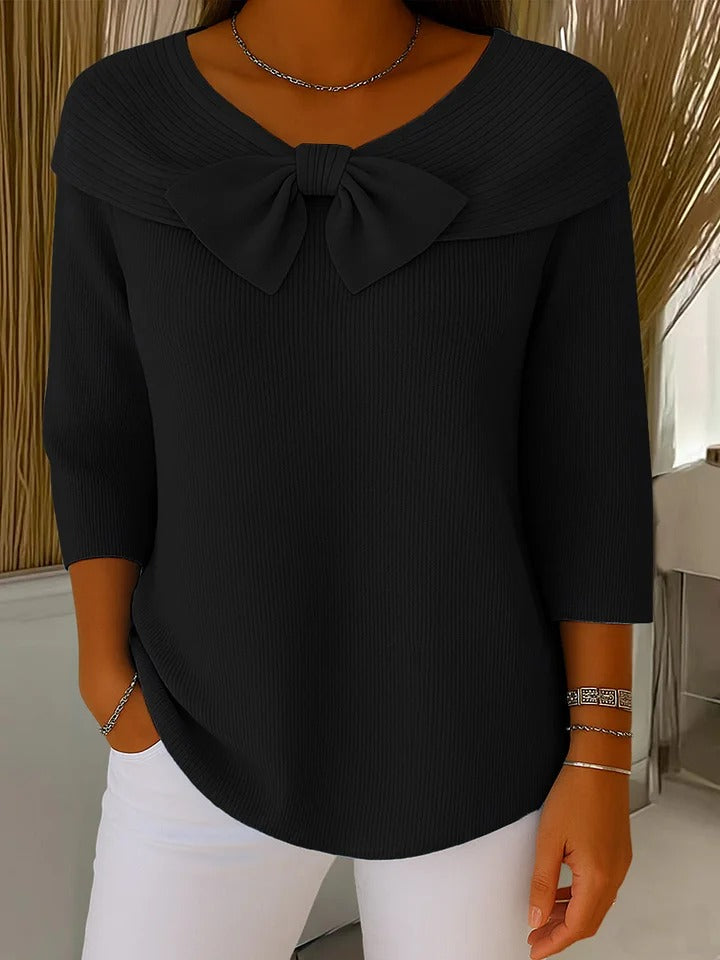 Women's Bow Detail Sweater – Fitted Round Neck Knit Pullover