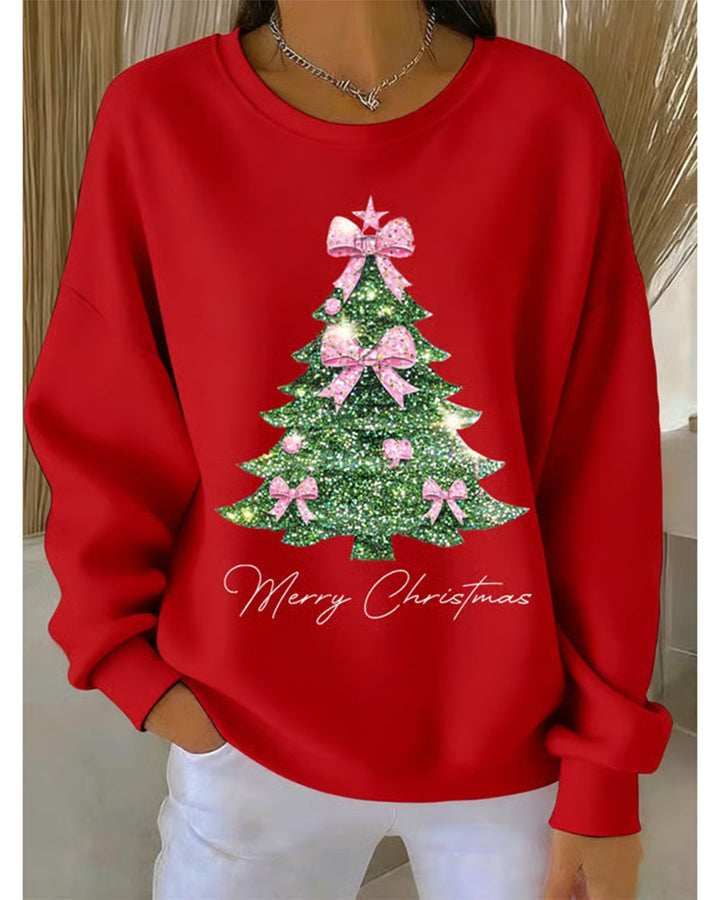 Women's Christmas Sweatshirt – Xmas Tree Print Round Neck Pullover