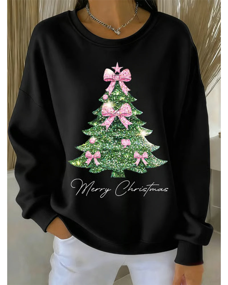 Women's Christmas Sweatshirt – Xmas Tree Print Round Neck Pullover