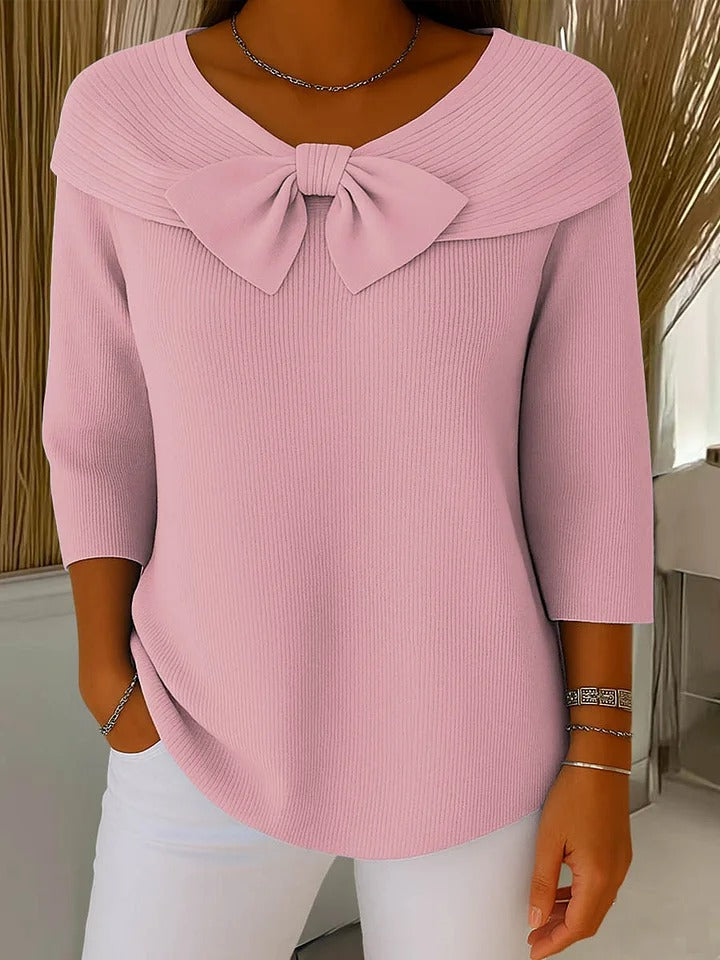 Women's Bow Detail Sweater – Fitted Round Neck Knit Pullover