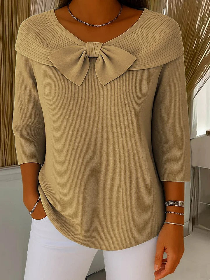 Women's Bow Detail Sweater – Fitted Round Neck Knit Pullover