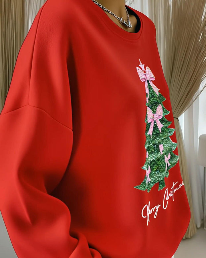 Women's Christmas Sweatshirt – Xmas Tree Print Round Neck Pullover