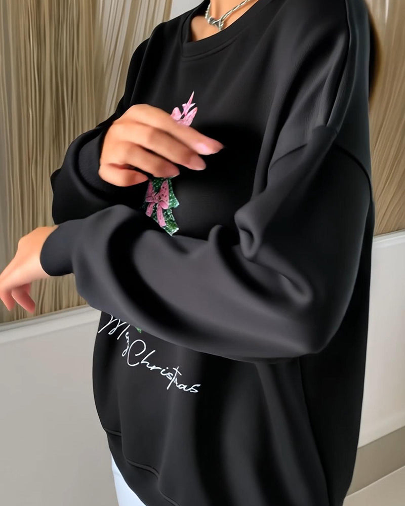 Women's Christmas Sweatshirt – Xmas Tree Print Round Neck Pullover