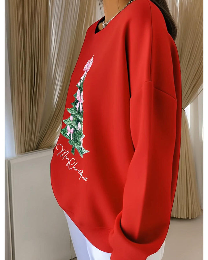 Women's Christmas Sweatshirt – Xmas Tree Print Round Neck Pullover