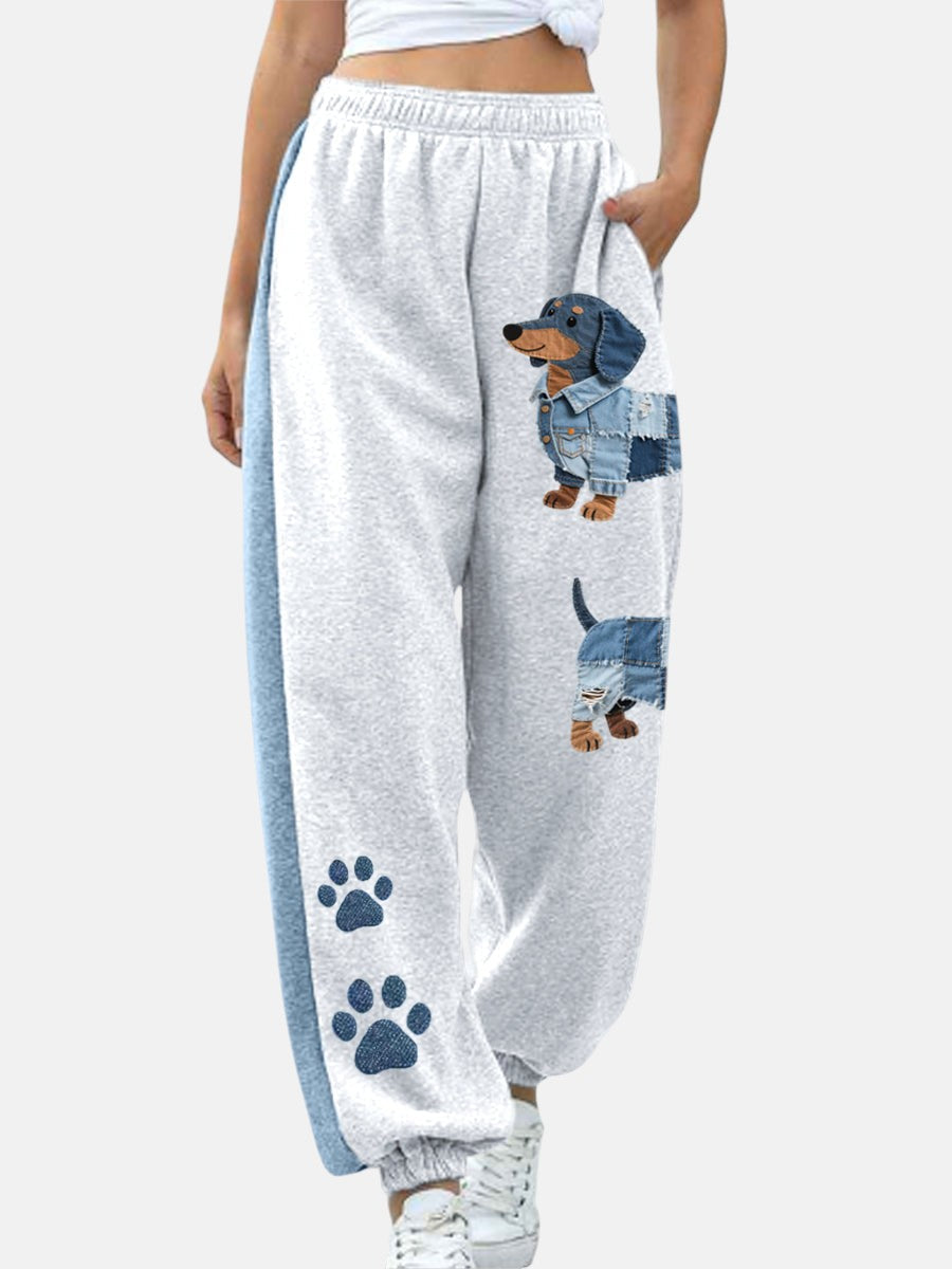Cinnamon - Women's Jeans with Patchwork and Dachshund Pattern